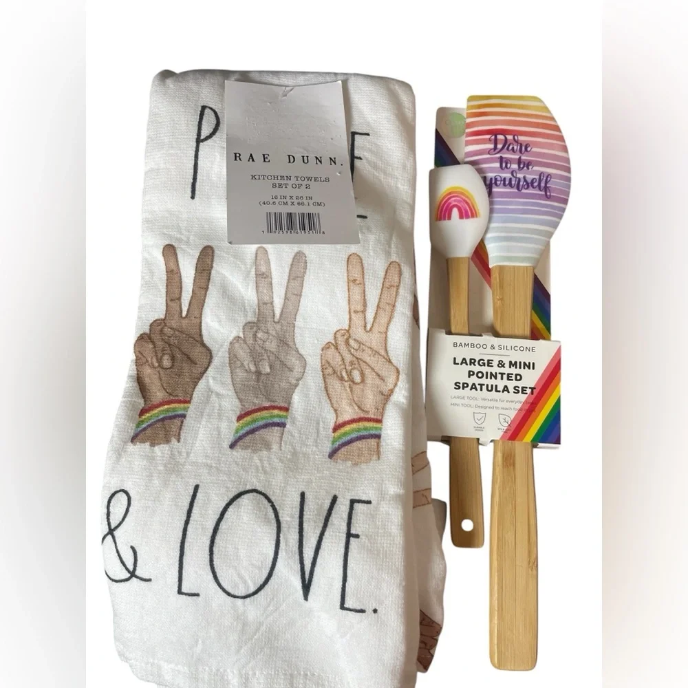 Rainbow Pride Rae Dunn Kitchen Towels & Silicone Spatulas 4 Pieces NEW